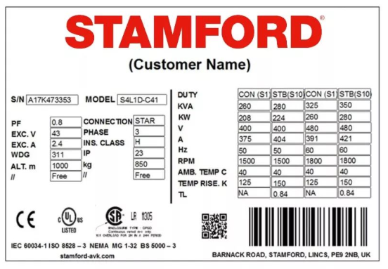 斯坦福發(fā)電機名牌